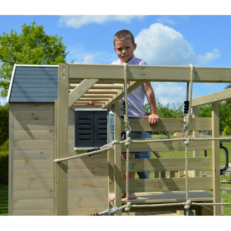 Casuta de gradina Grey Lodge cu tobogan, leagan, modul sport, Wendi Toys